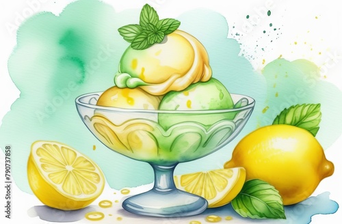 Ice cream with lemon and mint in watercolor style
