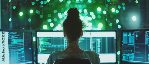 An IT professional working on a green mock-up screen computer in the control room of a data center. A team of young professionals programming sophisticated code.