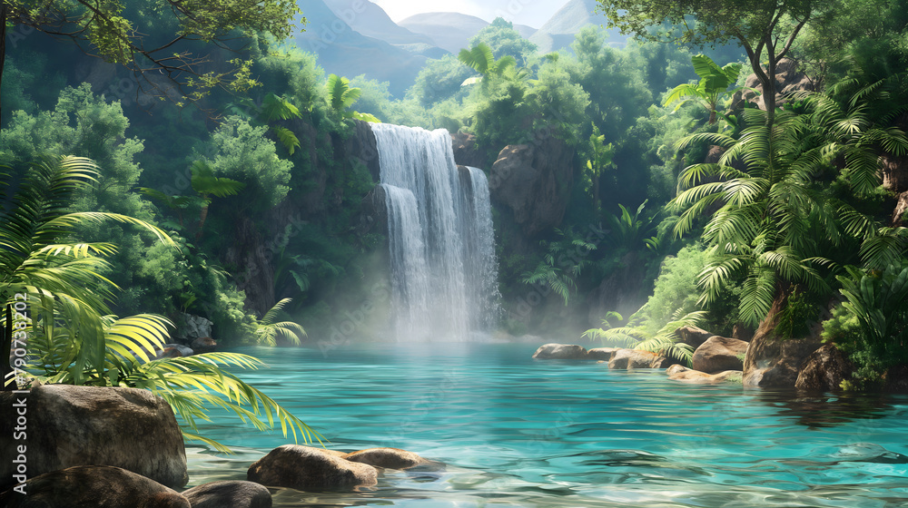 Serene Tropical Waterfall Oasis in Lush Green Jungle Serene Tropical Waterfall Oasis in Lush Green Jungle