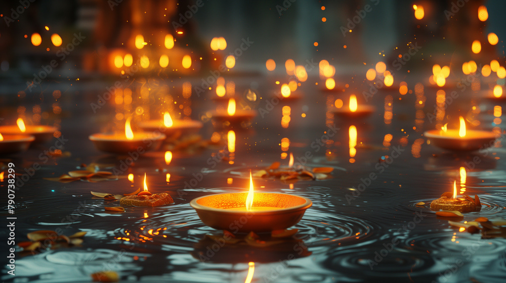 Floating candles on a lake with a mountain view at beautiful night Floating candles on a lake with a mountain view at beautiful night