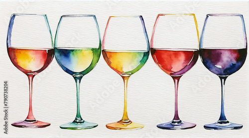 Colorful of wine glasses watercolor painting style, generative AI.