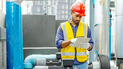 Male technical foreman inspects maintenance work holding a tablet and commands with talking on radio call with colleague with to look at plumbing and electrical systems on the roof of a building