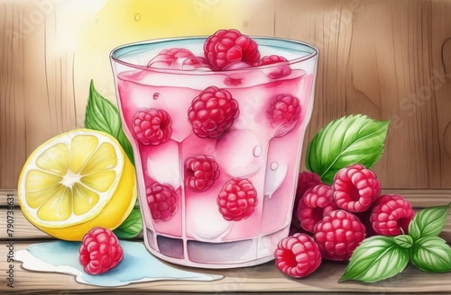 Lemonade with raspberries and basil in glass on wooden background