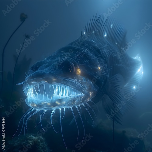 Captivating Bioluminescent Anglerfish Lurking in the Eerie Depths of the Abyss © LookChin AI