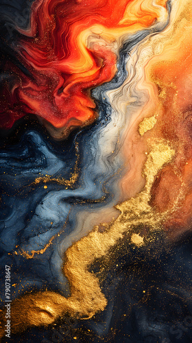 Abstract Cosmic Artwork of Blue and Gold Swirling Galaxies