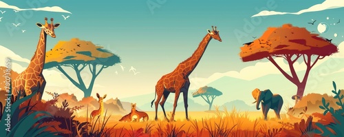 African savannah landscape during sunset featuring giraffes and flying birds  symbolizing peace and the beauty of nature. illustrative style  banner