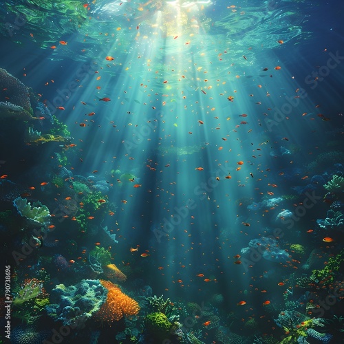Sunbeams Illuminating Vibrant Underwater Reef Teeming with Shimmering Marine Life