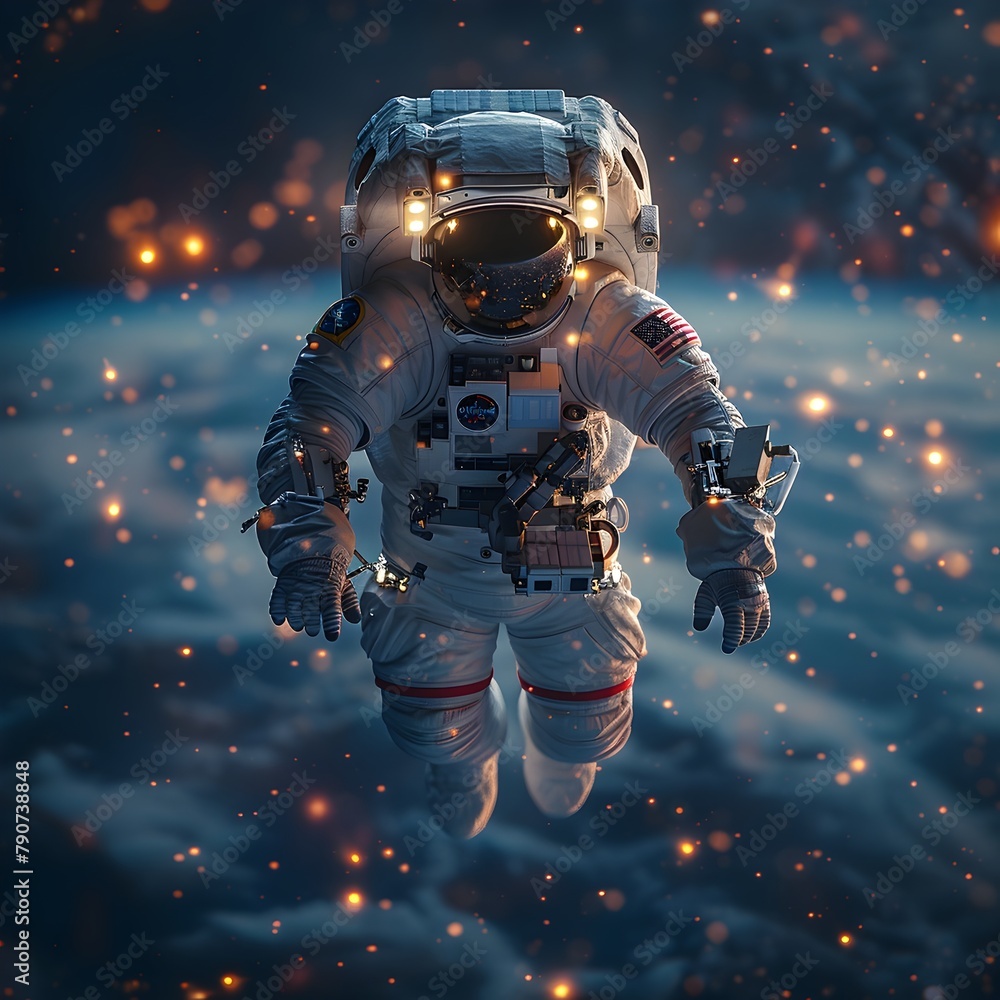 Fototapeta premium A Lone Astronaut s Ethereal Drift Through the Boundless Expanse of the Cosmos