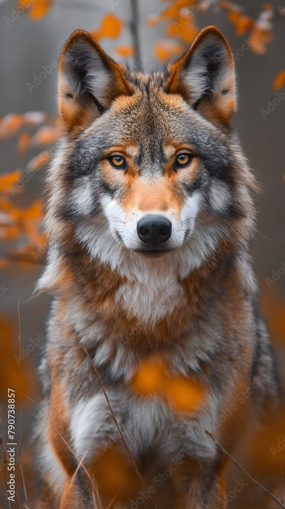 Fototapeta premium Majestic Grey Wolf Perched Atop a Rock in Autumn Ambiance