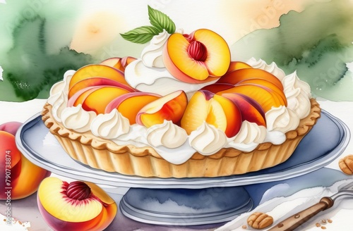 Shortbread pie with peaches and whipped cream