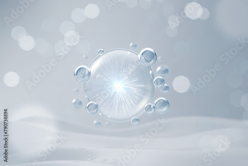 Cosmetic Essence, Liquid bubble, Molecule inside Liquid Bubble on DNA water splash background, 3d rendering © Anusorn