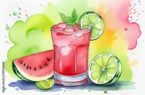 Watermelon lemonade with lime in glass, watercolor style