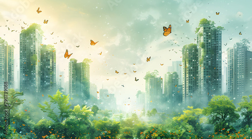 Fluttering Gardens: Watercolor Skyline Alive with Butterflies Amidst Lush Urban Greenery photo