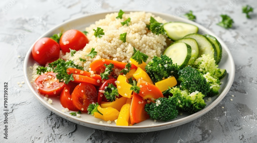 Tasty vegetable and quinoa plate on a light grey table in a vegetarian meal oriented image Tasty vegetable and quinoa plate on a light grey table in a vegetarian meal oriented image