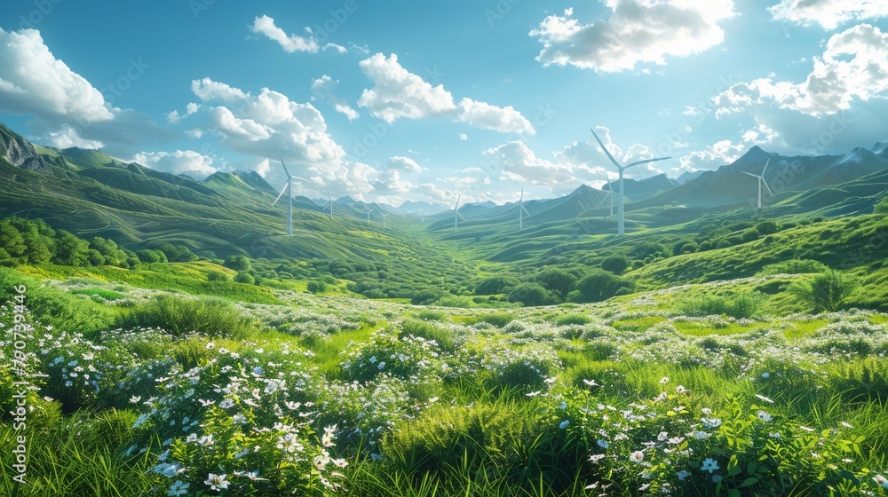 A field of green grass with a few white flowers in the foreground