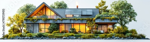A house with a green roof and a garden on the side