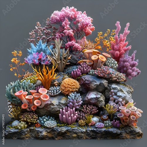 Vibrant Bioluminescent Coral Reef Teeming with Diverse Marine Creatures in Striking 3D Rendering on Transparent Background