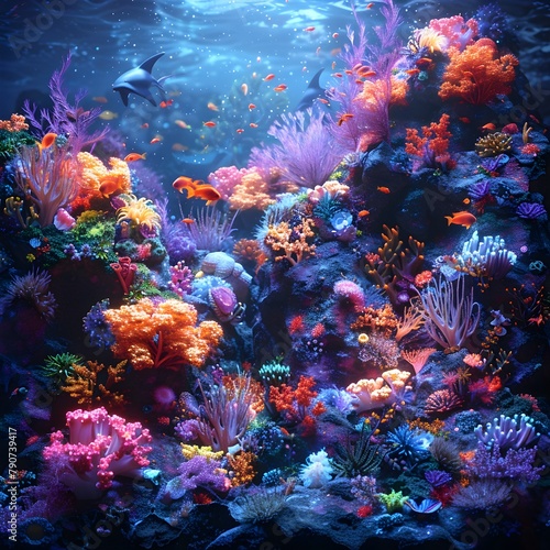 Vibrant Bioluminescent Coral Reef Teeming with Diverse Aquatic Creatures in Striking 3D Rendering © LookChin AI