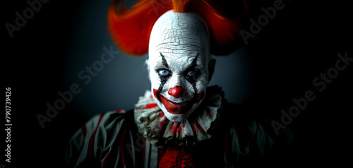 The clown is smiling against a black background.