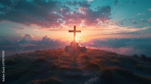 Holy cross symbolizing the death and resurrection of jesus christ with dramatic sky view top 