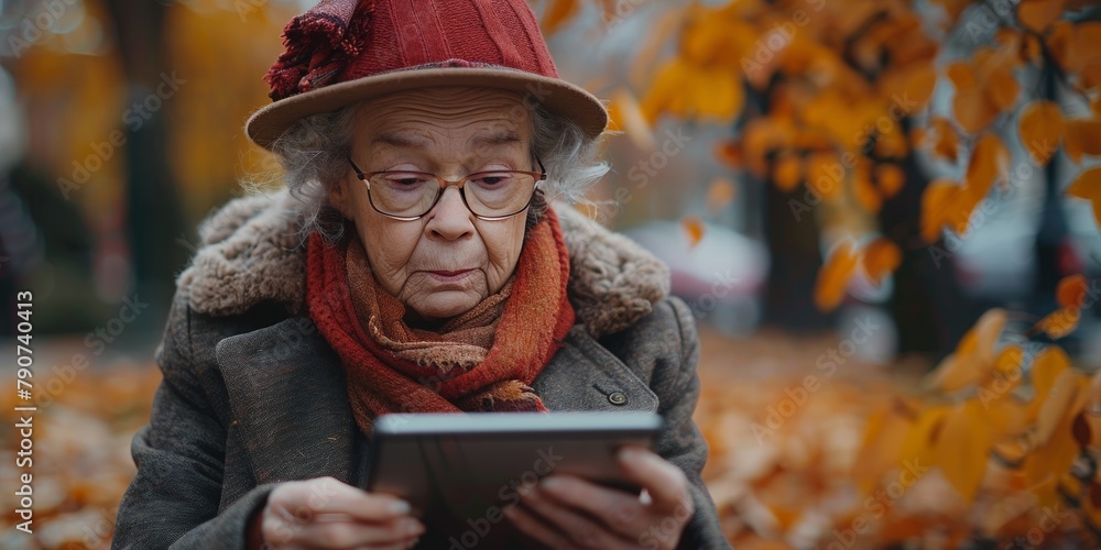 Fototapeta premium In the autumn park, a focused senior grandmother enjoys her tablet, stylishly adorned with a hat.