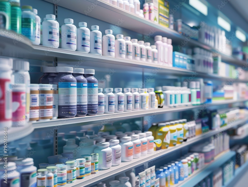 Rows of various pharmaceutical products on pharmacy shelves