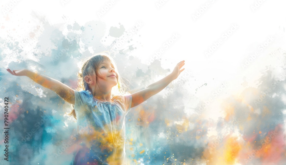 A little girl stands with her arms outstretched, facing the sky, in a watercolor painting with a white background and pastel colors, mist around her. - A little girl stands with her arms outstretched, facing the sky, in a watercolor painting with a white background and pastel colors, mist around her. -