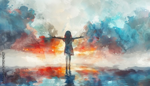 watercolor painting of a little girl standing with her arms outstretched, with a misty background, white and pastel colors, in the style of water color, clipart design