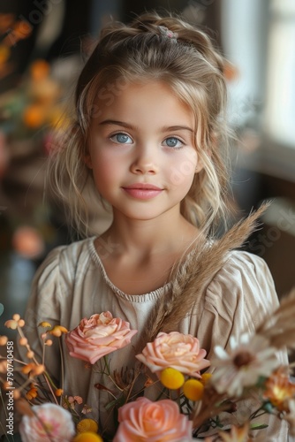 A charming portrait of an angelic girl in a rural setting with a bouquet.