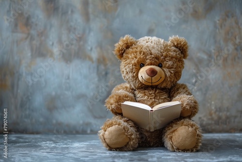 A soft, fluffy teddy bear sits reading book, encouraging learning and childhood education.