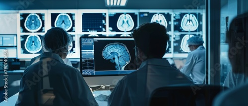 The image shows an MRI and CT scan of the brain on the computer screen. At the bottom of the screen is a meeting of the team of medical scientists at the Brain Research Laboratory. Neurologists and