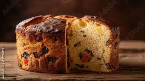 Italian Christmas cake Panettone displayed on a wooden table