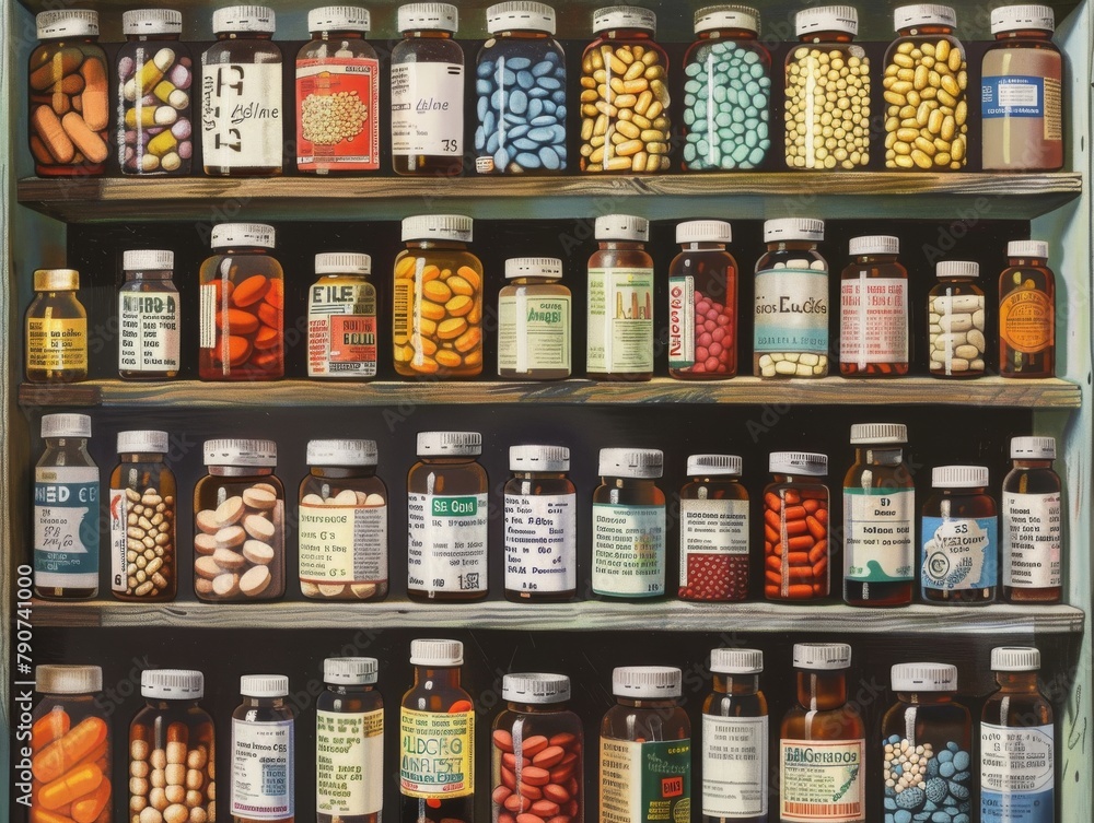 Shelves stocked with a variety of colorful pill bottles