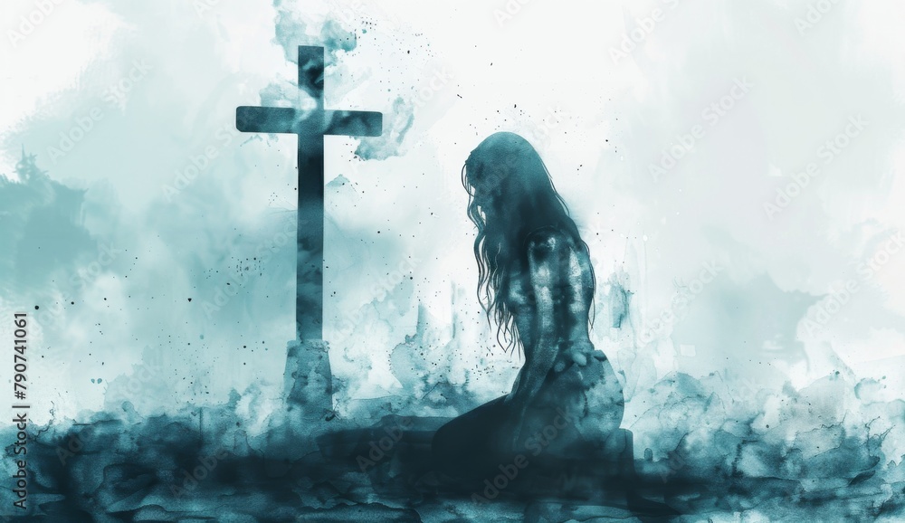 watercolor, woman kneeling in front of cross, white background, misty