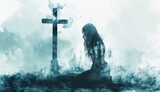 watercolor, woman kneeling in front of cross, white background, misty blue and gray colors with soft lighting, clipart style, 