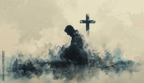 A man kneeling in prayer with the cross of Jesus behind him, looking at clouds painted in the style of soft watercolor in light beige and gray colors in background, minimalistic aesthetic.