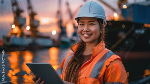 Female engineer has tablet and smiles looking at camera while inspecting ship in harbor at sunset