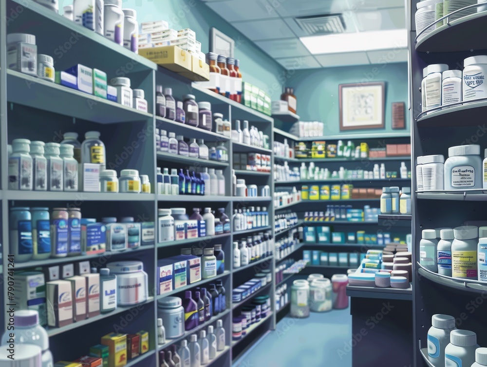 Shelves stocked with medicine in a tidy pharmacy