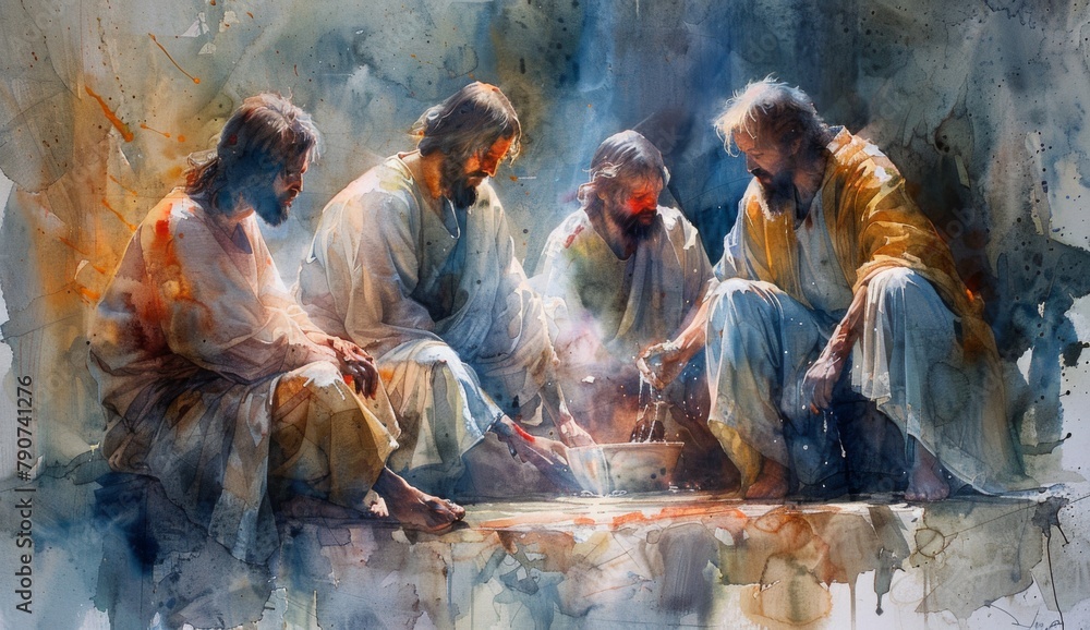 Watercolor art depicting Jesus washing the feet of his disciples, with soft and ethereal colors creating a serene atmosphere lit with gentle lighting.
