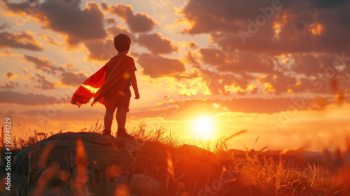 A child wearing a red cape stands heroically on a rock with a vibrant sunset in the background.