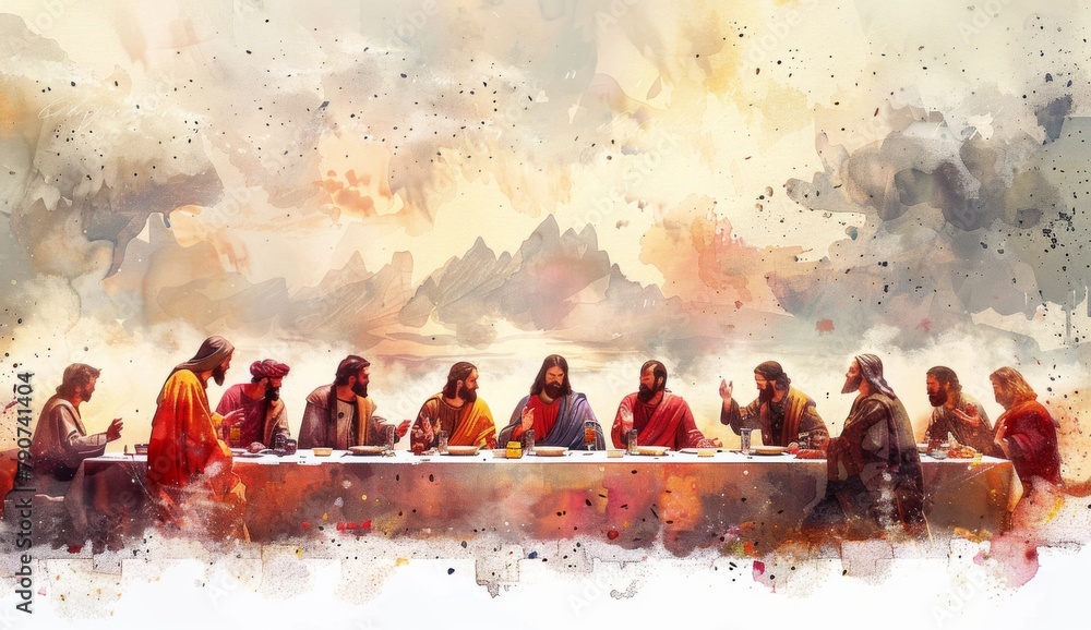 Watercolor painting of the last supper, Jesus and his disciples sitting ...