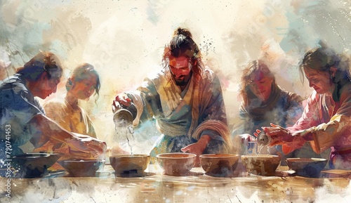 Jesus washing the feet of his disciples in the style of watercolor, with soft pastel colors and an ethereal background with light and shadow play, creating an atmosphere that reflects Jesus' selfless photo