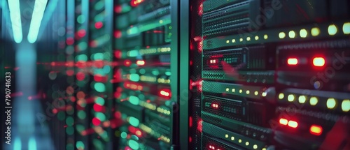 Rows of rack servers are connected with LAN connections visible in this image of a working data center.