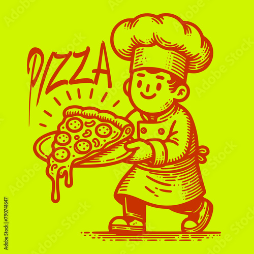 chef delivering food delicious pizza with topping outline vector illustration