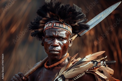 Native American Man Holding Spear photo