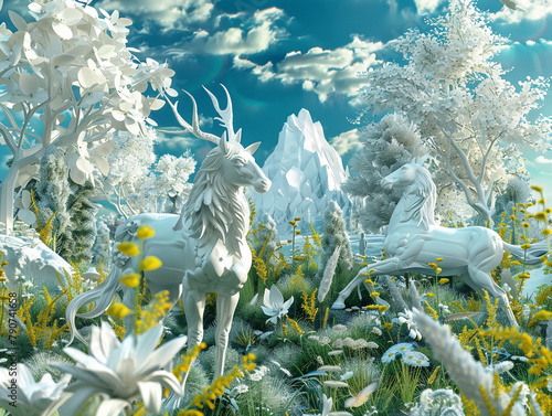 Elysian fields with mythical creatures in 3D vector