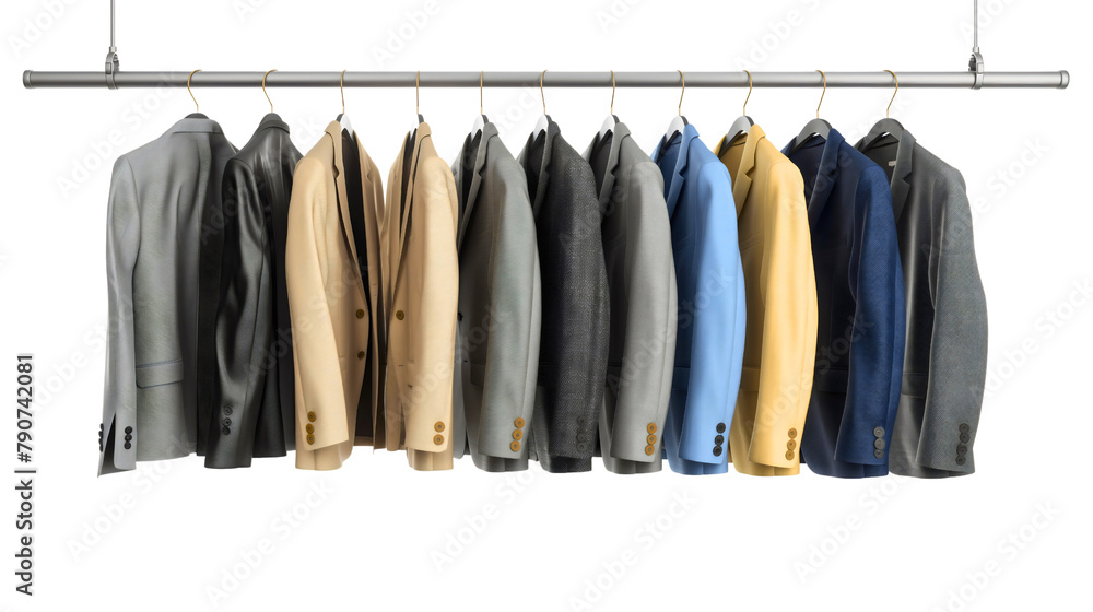 Men's suit jackets hanging on the wooden clothes hanger in the wardrobe closet. Formal business wear, fashionable and classic male apparel collection transparent background
