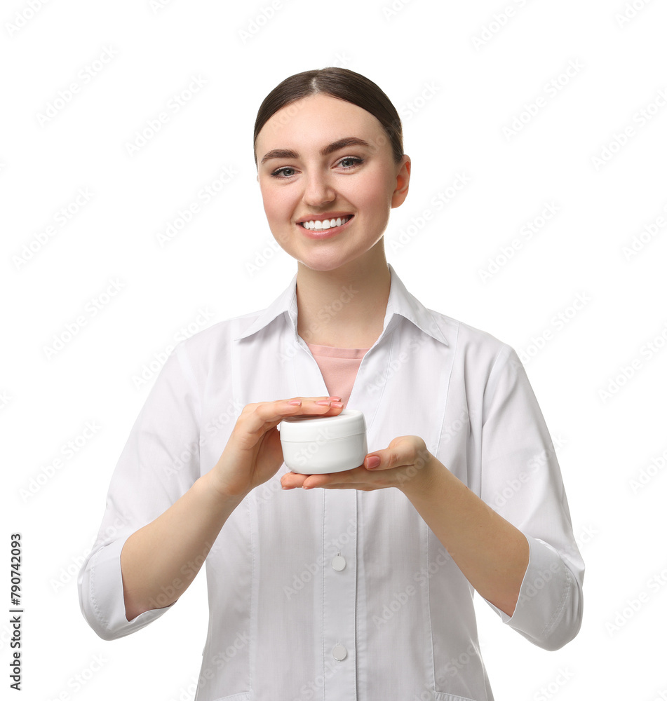 Cosmetologist with cosmetic product on white background Cosmetologist with cosmetic product on white background