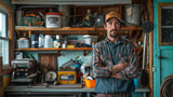 A rugged man with a beard stands confidently in his cluttered workshop filled with various tools and equipment.