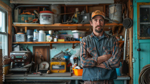 A rugged man with a beard stands confidently in his cluttered workshop filled with various tools and equipment.